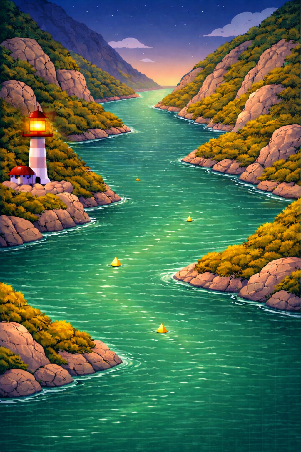 Scenic river valley with lighthouse and boats